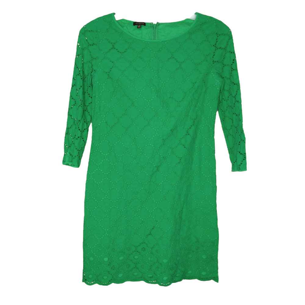 Talbots Green Eyelet Lace Dress size 8 Cotton Cocktail 3/4 Sleeve above the knee